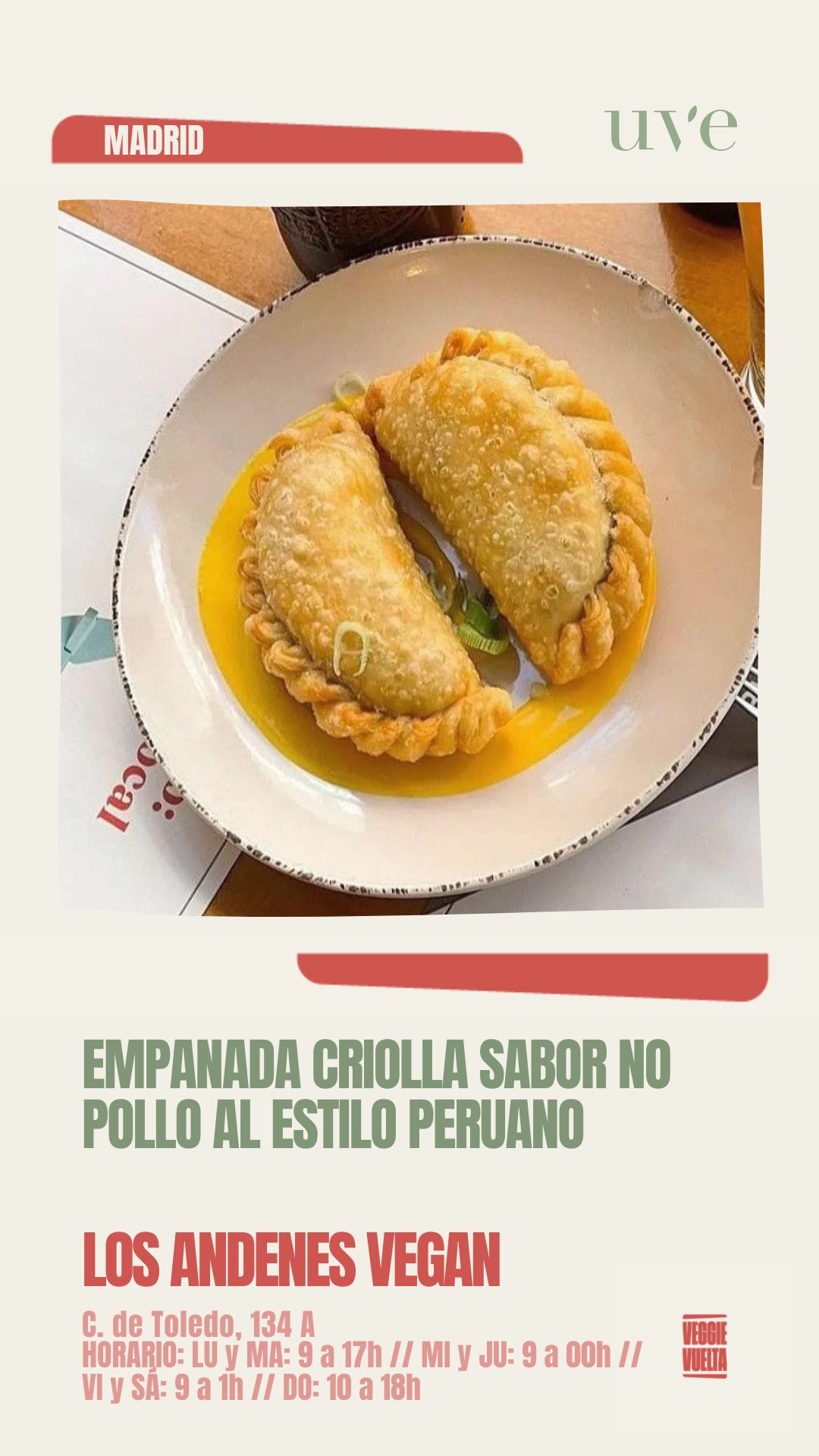 Los Andenes Vegan (Puerta de Toledo) Empanada criolla sabor no pollo al estilo peruano 